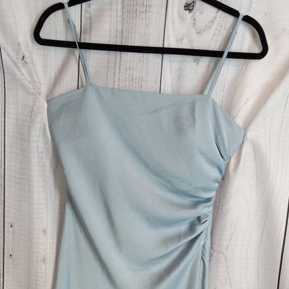 House of Harlow | Baby Blue Matte Satin Spaghetti Strap Ruched Midi Slip Dress - Picture 3 of 12
